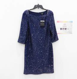 Women's St John Navy Knitted Silver Sequin Embellished Boat Neck Midi Dress Size 8