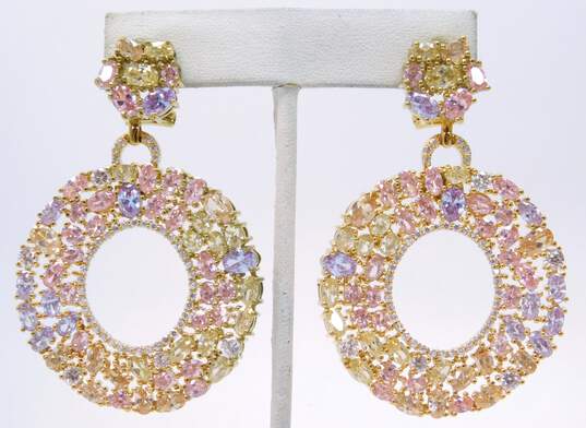 Joan Boyce Goldtone Pink Purple Yellow & Clear Cubic Zirconia Cluster Open Circle Drop Omega Clip Post Statement Earrings 33.6g image number 2