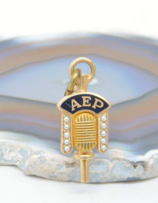 Vintage 10K Gold Alpha Epsilon Rho Seed Pearls & Black Enamel Honor Key Pendant Pin 3.3g image number 2