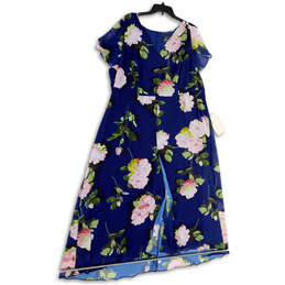 Womens Blue Floral Wrap V-Neck Knee Length Fit And Flare Dress Size 24W