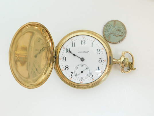 Antique Gold Filled E Bachmann Milwaukee 15 Jewels Etched Hunting Case Pocket Watch 70.9g image number 6