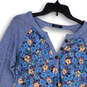 Womens Blue Floral Raglan Sleeve Henley Neck T-Shirt Size Small image number 3