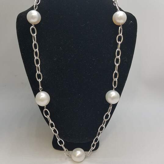 TJ 14K White Gold Chunky Chain 13mm Large FW Pearl 18.5inch Necklace 23.5g image number 1