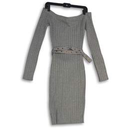 Akira Womens Gray Knitted Off The Shoulder Belted Sweater Dress Size Large alternative image