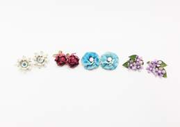 Vintage Lisner & Fashion Icy Rhinestone & Colorful Enamel Flower Clip-On Earrings 50.0g