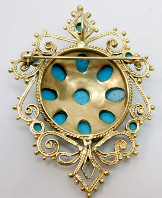 Vintage 12K Yellow Gold Filigree Sleeping Beauty Turquoise Pendant Brooch 12.6g image number 3