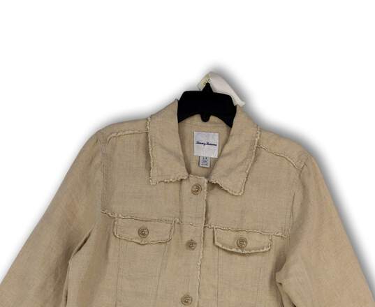 Womens Beige Long Sleeve Collared Pockets Button Front Jacket Size Large image number 3