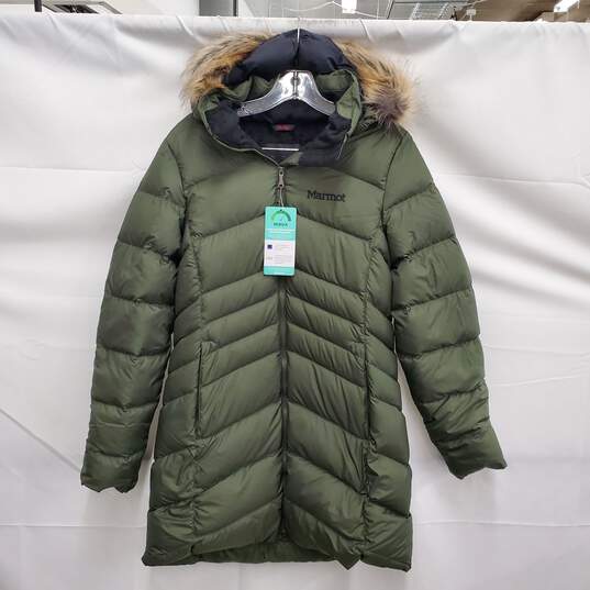 NWT Marmot WM's Polyester Duck Down Faux Fur Hood Green Puffer Parka Size MM image number 1