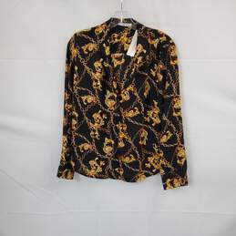 Timing Black & Gold Filigree Patterned Button Up Blouse WM Size S NWT