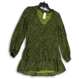 NWT Womens Green Leopard Print Tiered Long Sleeve Pullover Mini Dress Sz S