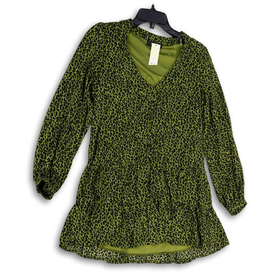 NWT Womens Green Leopard Print Tiered Long Sleeve Pullover Mini Dress Sz S image number 1
