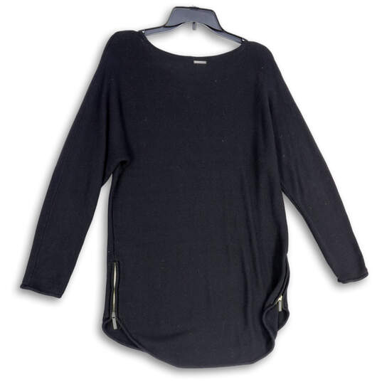 Womens Black Tight-Knit Round Neck Long Sleeve Side Zip Tunic Sweater Sz M image number 2