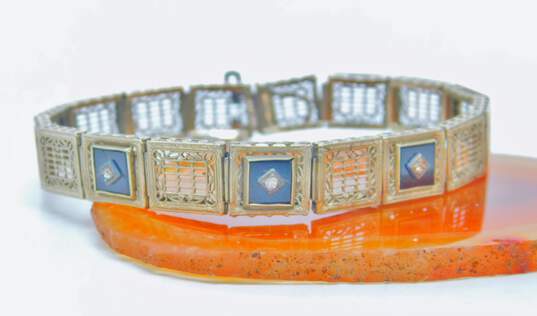 Art Deco 14k White Gold Onyx Diamond Accent Panel Bracelet 12.4g image number 2