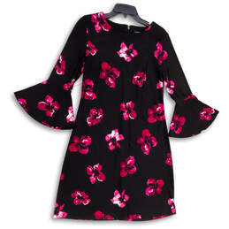 Womens Black Pink Floral Long Bell Sleeve Knee Length Shift Dress Size 9