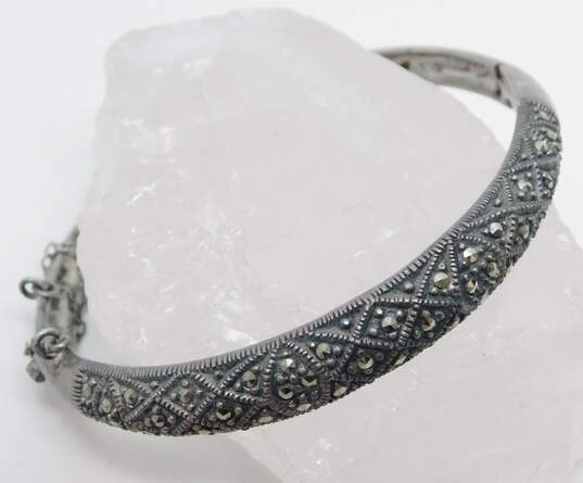 Romantic 925 Sterling Silver Marcasite Pendant Necklace Hinged Bangle Bracelet & Chain Brooch 33.0g image number 4