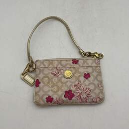 Coach Womens White Pink Leather Floral Op Art Charm Wristlet Wallet W/ Strap