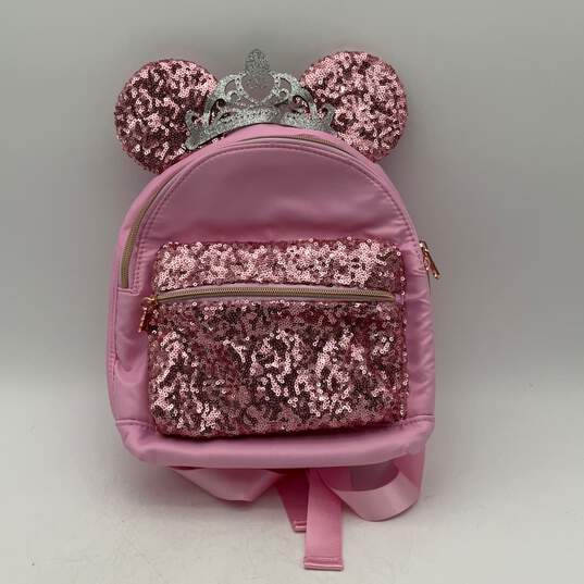 NWT Disney Womens Pink Sequin Minnie Mouse Adjustable Strap Zipper Backpack image number 1
