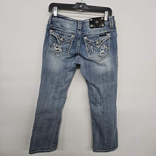 Blue Distressed Denim Cuffed Capri Jeans image number 2