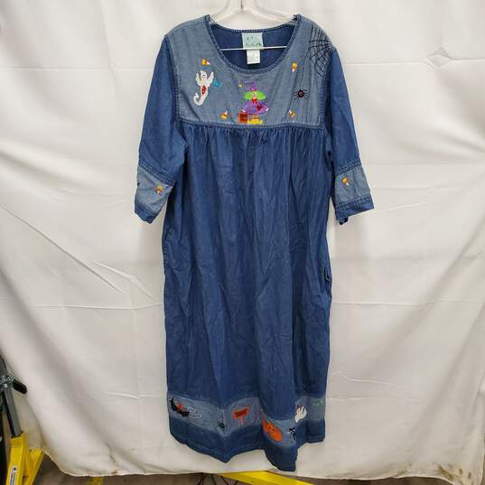 VTG Quacker Factory WM's Blue Denim Halloween Embroidered Dress Size 1X image number 1