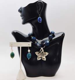 Artisan 925 Stamped Petals Flower Pendant Blue Quartz Beaded Chain Necklace & Sodalite & Green Jasper & Pearl Drop Earrings 47.1g