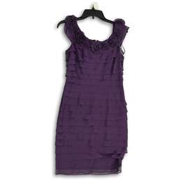 London Times Womens Purple Boat Neck Sleeveless Ruffle Layered Sheath Dress 4