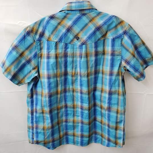 Prana Bright Blue Plaid Men's Short Sleeve Snap Up Cotton/Poly Shirt Size M image number 6