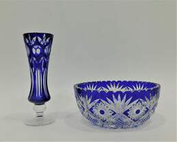 Vintage Hand Cut Cobalt Blue & Clear Crystal Decorative Bowl & Vase