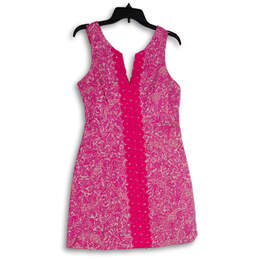 Womens Pink Printed Embroider Split Neck Back Zip A-Line Dress Size 6
