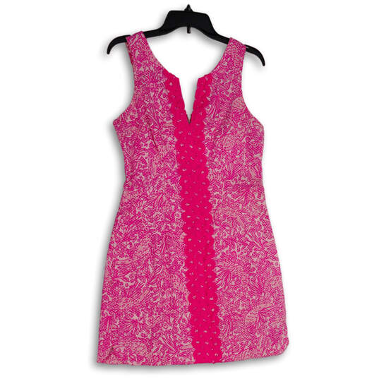Womens Pink Printed Embroider Split Neck Back Zip A-Line Dress Size 6 image number 1