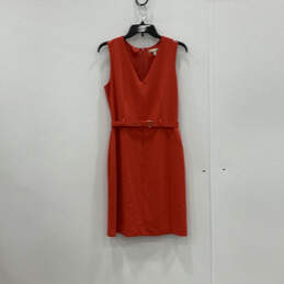 Womens Red Sleeveless V-Neck Belted Back Zip Fashionable Sheath Dress Sz 6