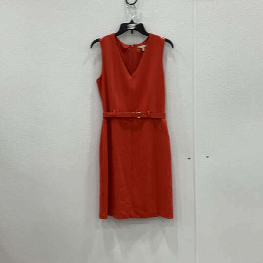 Womens Red Sleeveless V-Neck Belted Back Zip Fashionable Sheath Dress Sz 6 image number 1