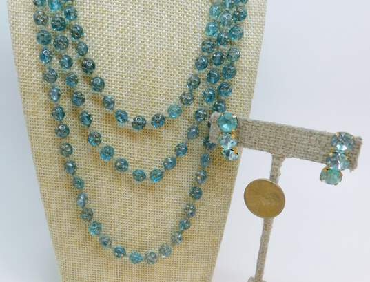 Vintage Sky Blue Icy Rhinestone Earrings & Glass Costume Necklace image number 2