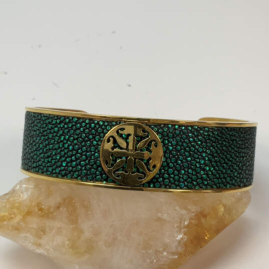 Designer Rustic Gold-Tone Green Rhinestone Fashionable Cuff Bracelet image number 2