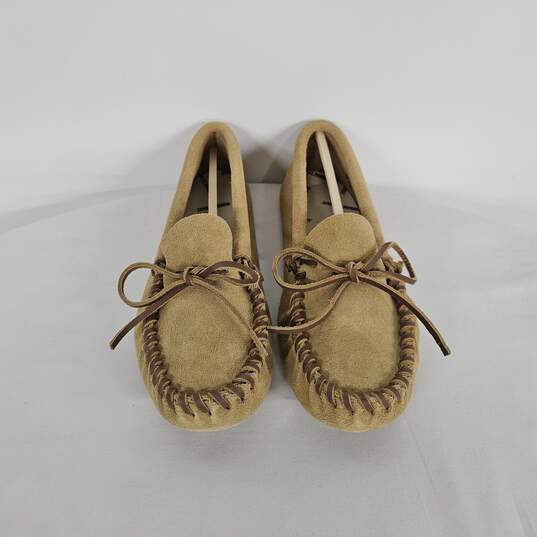 MinneTonka Tan Leather Laced Softsole Shoes image number 1