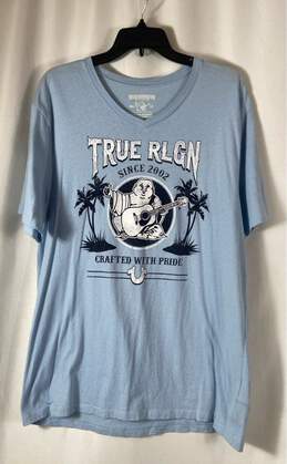 True Religion Mens Blue Graphic Print V Neck Short Sleeve Pullover T-Shirt Sz XL