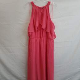 Pink sleeveless textured dot long flutter dress 16