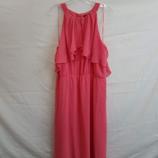 Pink sleeveless textured dot long flutter dress 16 image number 1