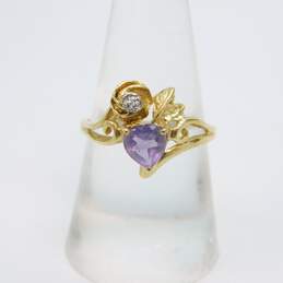 14K Yellow Gold Amethyst & Diamond Accent Ethereal Heart Ring 2.6g