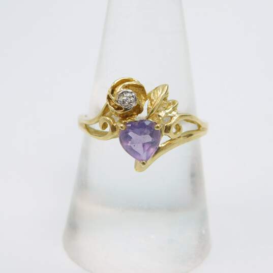 14K Yellow Gold Amethyst & Diamond Accent Ethereal Heart Ring 2.6g image number 1