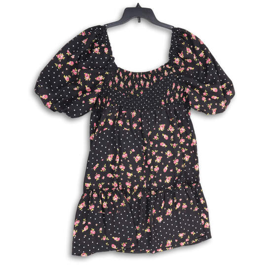 NWT Womens Black Pink Floral Smocked Back Puff Sleeves Mini Dress Size XXL image number 2