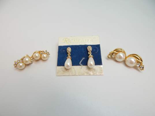 3 Pairs - Designer Richelieu Rhinestone & Faux Pearl Clip Earrings image number 3