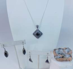 Artisan 925 Onyx Square Pendant Necklace Marquise Cabochon & Inlay Granulated Drop Earrings & Band Ring 29g