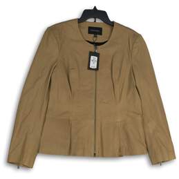 NWT Womens Brown Long Sleeve Round Neck Full-Zip Peplum Jacket Size XL
