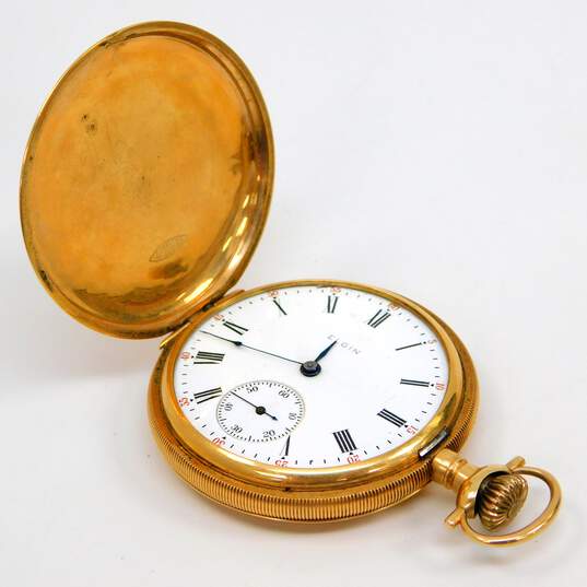 Antique 1911 Elgin 14K Gold 7 Jewels Etched Scroll Hunting Case Pocket Watch 85.9g image number 2