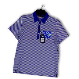 NWT Womens Blue White Striped Short Sleeve Collared Golf Polo Shirt Size L