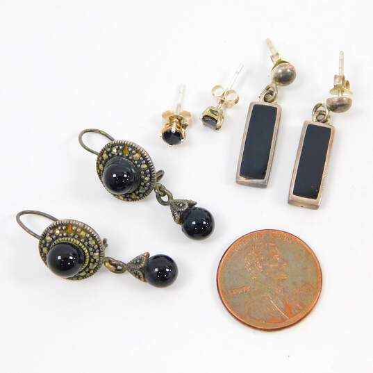 Artisan 925 Marcasite & Onyx & Inlay Rectangle Drop & Stud Post Earrings 9.8g image number 7