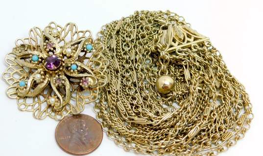Vintage Coro Gold Tone Multi Chain Necklace & Icy Rhinestone Brooch 66.2g image number 7
