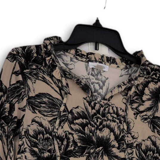 Womens Beige Black Floral Tie Neck Long Sleeve Pullover Blouse Top Size S image number 3