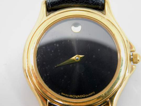 Movado Swiss 4 Jewels Gold Tone & Black Leather Band Women's Museum Watch With Box 265.7g image number 1