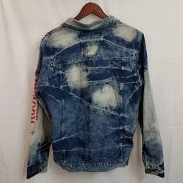Men's distressed bleached denim jacket with red spell out text L alternative image